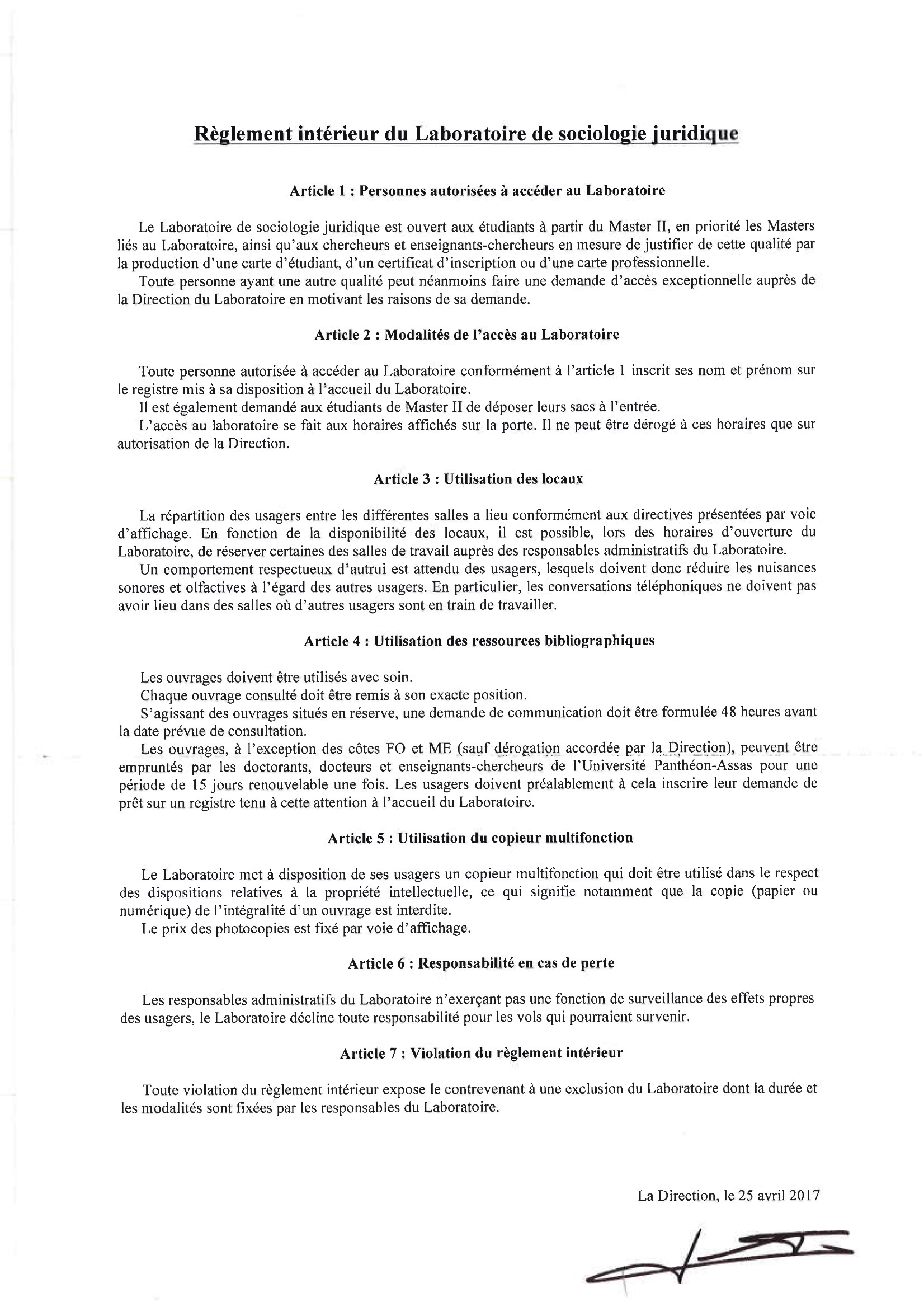 Règlement intérieur Laboratoire sociologie juridique Règlement intérieur Laboratoire sociologie juridique